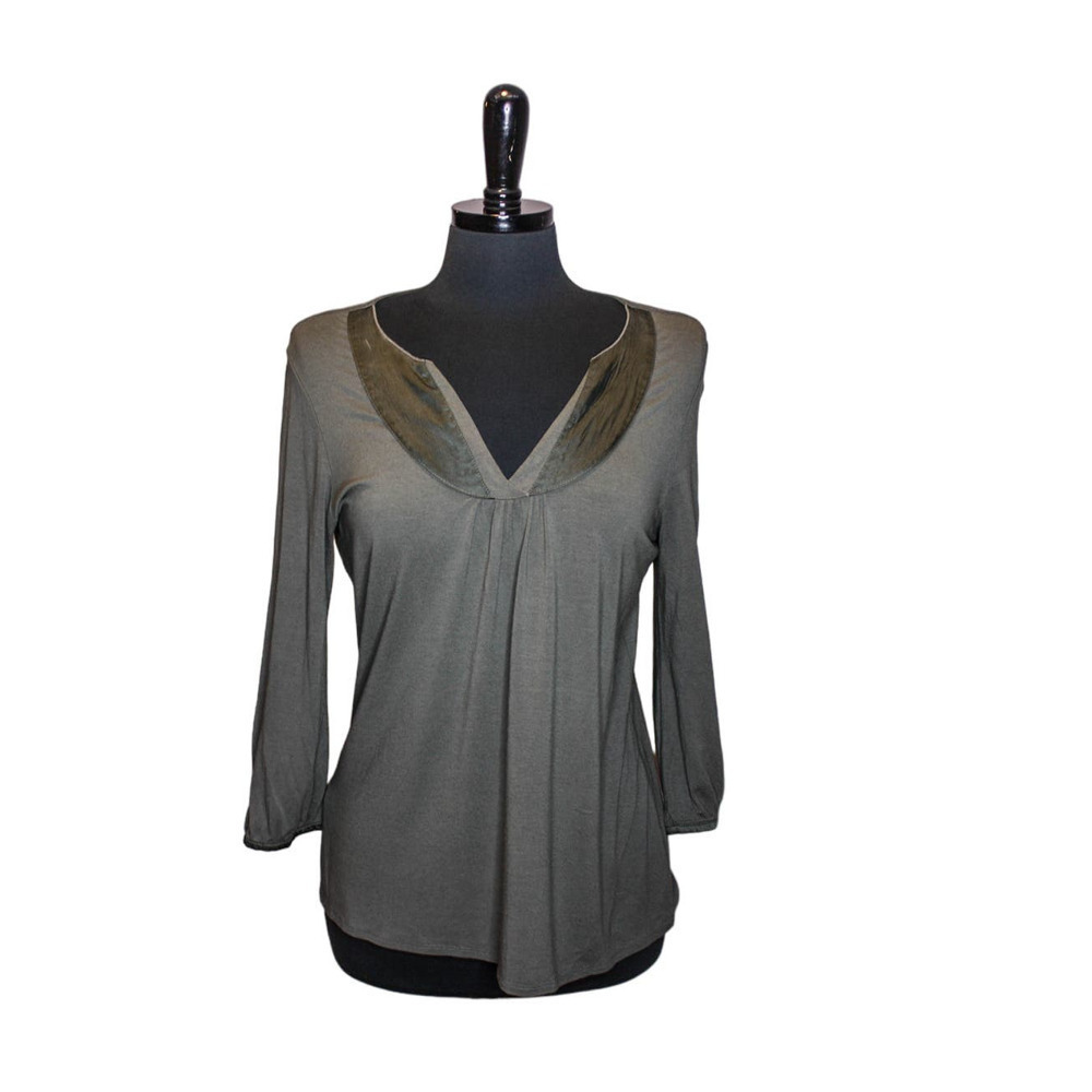 J Jill V Neck Top 3/4 Length Sleeve Velvet Trim Green Size M